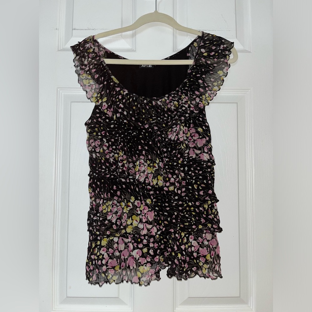 Apt. 9 Black Sleeveless Ruffle Floral Tank